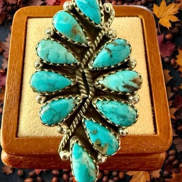 Kingman Turquoise 925 Sterling Silver Ring Statement Southwestern Cluster Size 5 - Picture 4 of 6